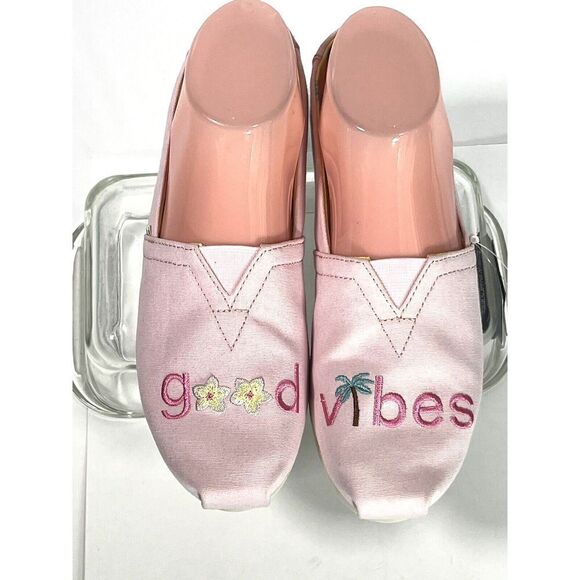 TOMS Womens Pink Embroidered Flat Shoes Size 6 US Good Vibes Alpargata  New - Picture 2 of 12